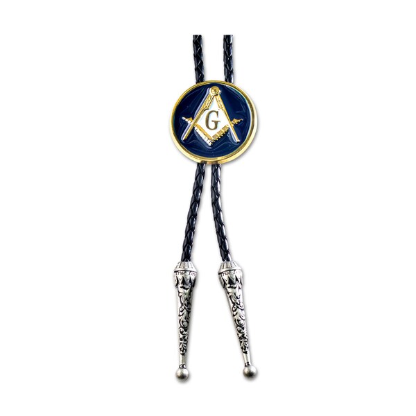 Square & Compass Round Masonic Bolo Tie - [Blue White and Gold] - TME-TIE-L-00002