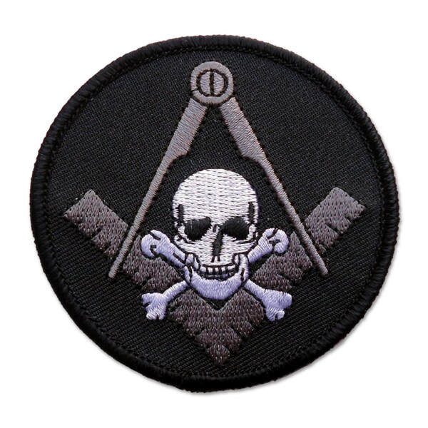 Widow's Son Skull and Crossbones Square & Compass Round Embroidered Masonic Patch - [Black, Grey and White][3" Diameter] - TME-REG-P-00004