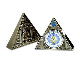 All Seeing Eye Triangular Masonic Desk Clock - [Antique Brass][2 5/8" Tall] - TME-WAT-D-00001