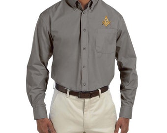 Gold Square & Compass Embroidered Masonic Men's Poplin Button Down Dress Shirt - TME-APP-EBD-00002