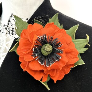 Coral Fantasy Poppy Flower Leather Brooch.