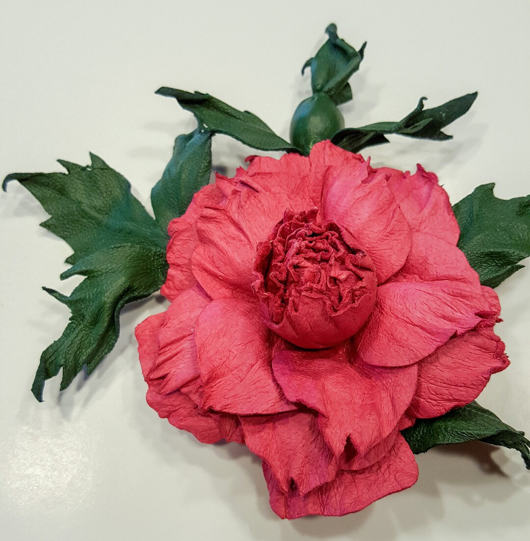 Red Fantasy Rose Flower With Rosebud Leather Brooch. - Etsy
