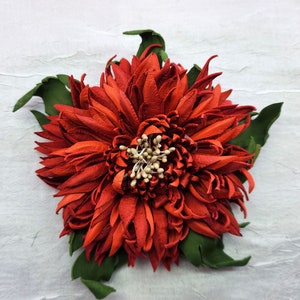 Electric Red Chrysantemium Flower Leather Brooch.