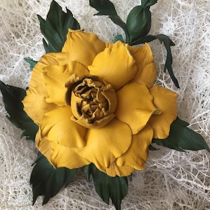 Yellow Rose Flower Leather Brooch.