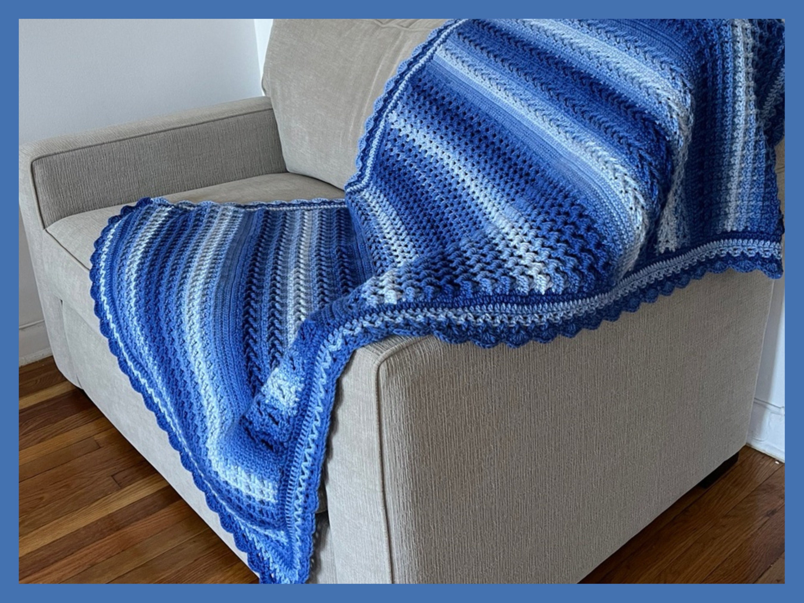Handmade Crochet Afghan: Blue Waves Acrylic Throw Blanket. Crochet
