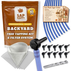 Maple Syrup Tapping Kit - (10) Taps, (10) 3' Tubing Drops, HD Synthetic Filter, (5) Pre-Filters, Drill Bit, Instructions, Recipe Cards