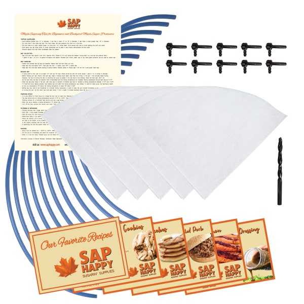 Maple Syrup Tapping Kit - (10) Taps, (10) 3' Maple Syrup Tubing Drops, (5) 1 Quart Sap Filters, Drill Bit, Instructions, Recipe Cards