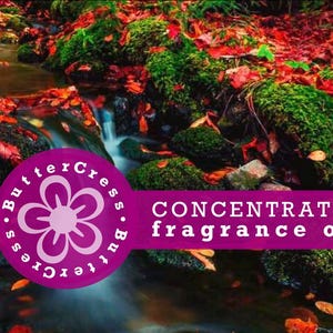May include: A pink and white flower logo with the text "ButterCress.ButterCress" surrounding it. The logo is on a purple background with the text "CONCENTRATED fragrance oil" in white letters.
