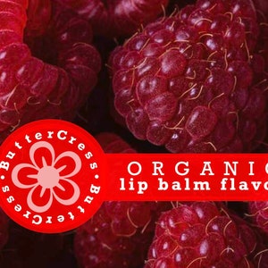 Puede incluir: Primer plano de frambuesas rojas con una etiqueta roja que dice "ORGANIC lip balm flavor" y un círculo rojo con una flor blanca y el texto "ButterCress. ButterCress."