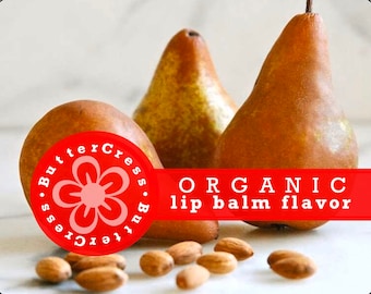 May include: Three brown pears with a red circle logo that says "ButterCress" and the text "ORGANIC lip balm flavour" in white letters.