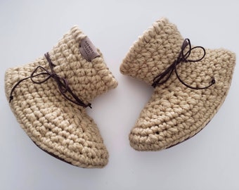 Handmade Wool Slippers Crochet Leather Knit Women’s Slippers Handmade Crochet Booties Leather Wool Sock Slippers Holiday Gift’s Mom Gifts