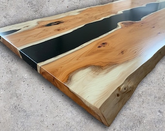 Live Edge *****NOW SOLD***** Yew Timber Slab With Black Resin River - Wall Art / Bar Top / Counter Top / Timber Sculpture Art / Table Top