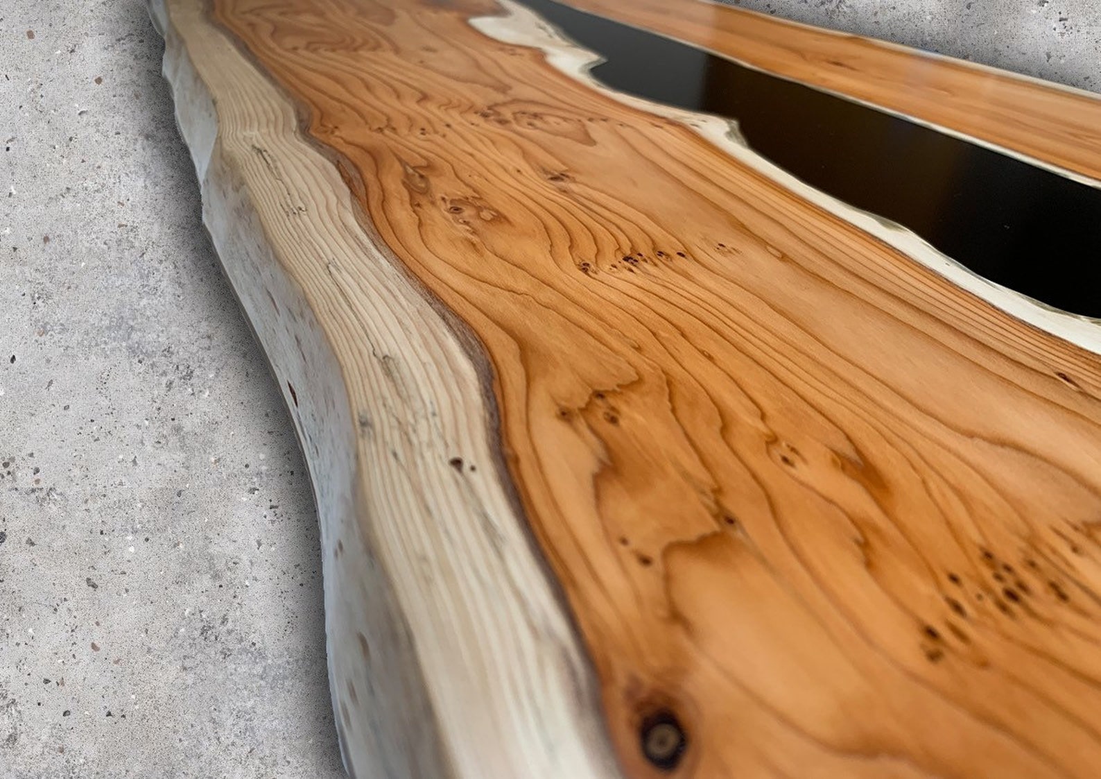 Live Edge NOW SOLD Yew Timber Slab With Black Resin River Wall Art