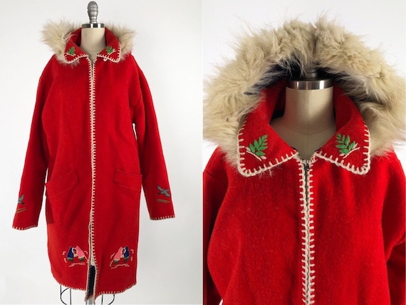 Vintage Wool Hooded Parka Inuit Embroidered Large Red Winter Coat Canadian Geese Hunting Eskimo Women S Clothing Ugaurbanag Com Vintage Wool Hooded Parka Inuit, Eskimo Coat Name