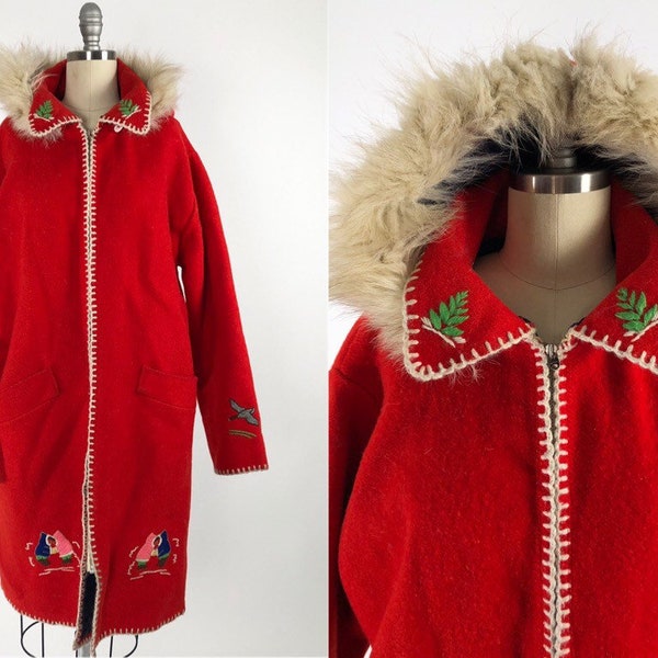 Vintage Wool Hooded Parka // Inuit Embroidered Wool Parka // Large Red Wool Winter Coat // Vintage Inuit Canadian Geese Hunting Eskimo