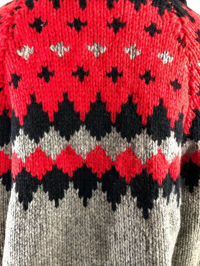 Vintage 1950s Cowichan Sweater 50s Poker Sweater Gray Black Red Cowichan Vintage Knit Menswear Lined Wool Sweater