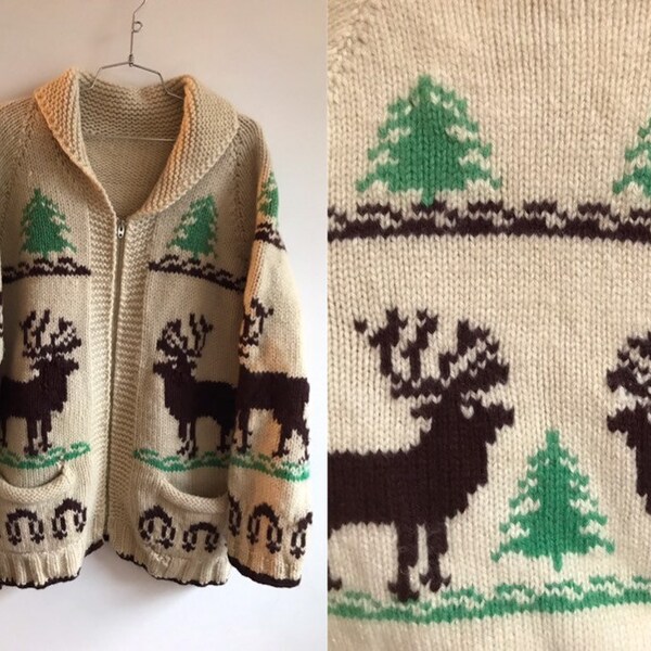 Vintage 50s Hand Knit Wool Sweater // 1950s Mary Maxim Reindeer Pattern // Wildlife Zip Up Cardigan// Hip Moose Cowichan // Elk Stag Buck