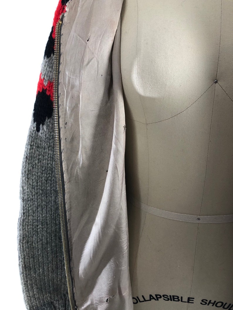 Vintage 1950s Cowichan Sweater 50s Poker Sweater Gray Black Red Cowichan Vintage Knit Menswear Lined Wool Sweater