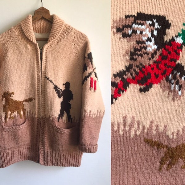 Vintage 50s Hunting Cowichan Sweater // 1950s Mary Maxim // Hand Knit Wool Cardigan // Pheasant Hunt Pattern // Zip Up Handmade Jumper