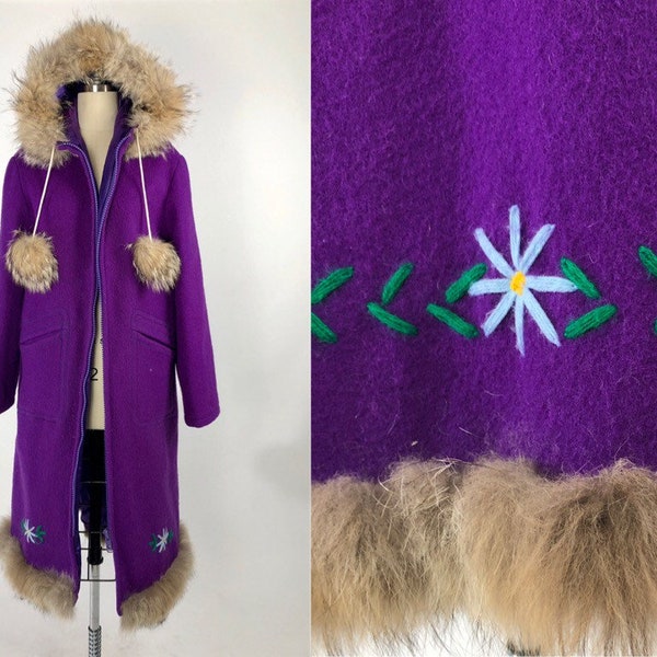 Vintage 1980s Hooded Parka // Purple 80s Embroidered Wool Coat // Fur Trim Hooded Coat // Inuit Coat Fox Fur // Kelsey Trail Vintage