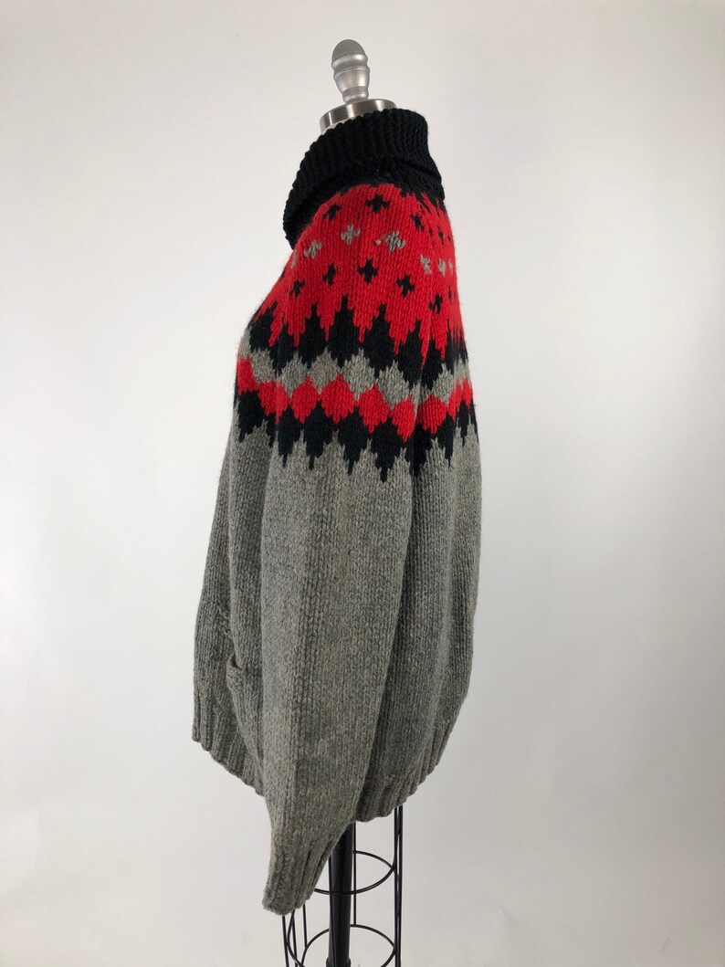 Vintage 1950s Cowichan Sweater 50s Poker Sweater Gray Black Red Cowichan Vintage Knit Menswear Lined Wool Sweater