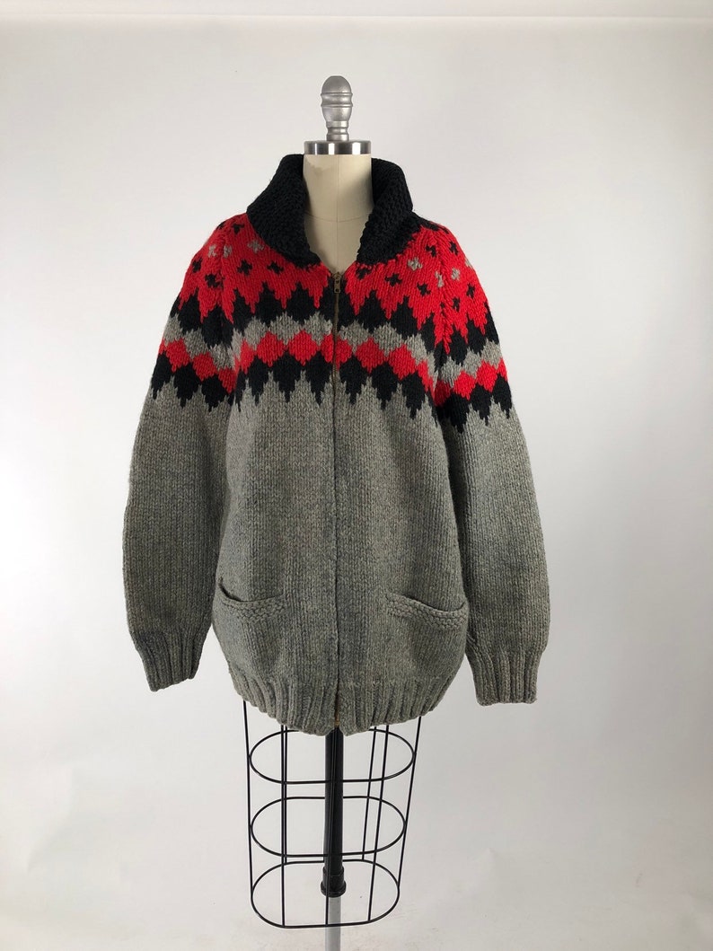 Vintage 1950s Cowichan Sweater 50s Poker Sweater Gray Black Red Cowichan Vintage Knit Menswear Lined Wool Sweater