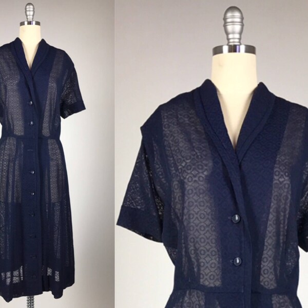 Vintage 1940s Plus Size Dress // Sheer Navy Shirtwaist Dress // Size 22 XXL // 40s Day Dress // True Vintage Large Volup Diaphanous