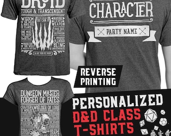 D&D Dungeons and Dragons Personalized T-shirt - Any Class, Character Name, Party Name - Unisex / Mens / Ladies / - Dark Heather / TTRPG Gift