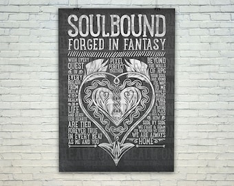 May include: Black and white graphic design with a heart shape in the center. The text reads "Soulbound Forged in Fantasy" and includes a poem about love and connection.