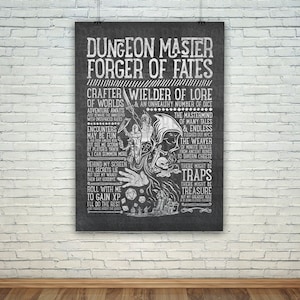 Può includere: Illustrazione in bianco e nero di un Dungeon Master con un teschio e dadi. Il testo dice "Dungeon Master Forger of Fates" e include frasi come "Wielder of Lore", "Adventure Awaits", "Encounters May Be Fun", "Behind My Screen All Secrets Lie", "Roll With Me To Gain XP", "The Mastermind of Many Tales", "The Weaver of Minute Details", "There Might Be Traps", "There Might Be Treasure".