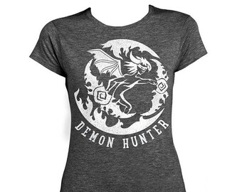 World of Warcraft / WoW inspired Ladies Fitted T-shirt - DEMON HUNTER Edition (Symbol Variant) - Dark Heather