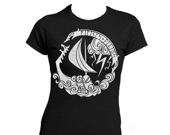 May include: Black women's t-shirt with a white graphic of a ship sailing through a storm with a dragon and runes around it.