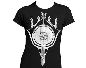 May include: Black t-shirt with a white graphic of a shield with a spear and the text "GRIMNIR YMIR", a Norse mythology inspired design.