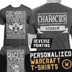 World of Warcraft / WoW inspired Personalized T-shirt - Any Class, Character Name, Guild, Realm - Unisex / Mens / Ladies / - Dark Heather