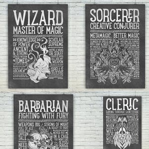 May include: Four black and white illustrations of fantasy character classes: Wizard, Sorcerer, Barbarian, and Cleric. Each illustration features a character with a descriptive text about their abilities and powers.