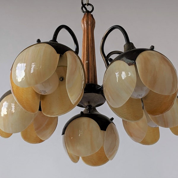 On Hold 1970 CONVEX TIFFANY GLASS 5 arms chandelier vintage mid century era