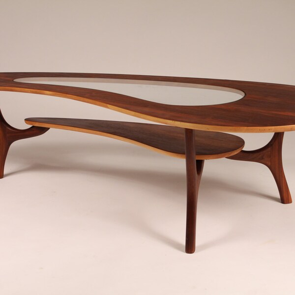 1960 WALNUT COFFEE TABLE veneer kidney shaped with center glass top ( fully  restored )