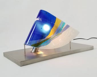 HUGE FUSED GLASS lighting art piece  on a stainless steel base 1980s