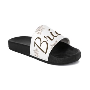 Bride Slides - White Rose Pattern Boho Sandals, Wifey Flip Flops, Bachelorette Party Shoes, Beach Pool Footwear, Wedding Slides, Bridal