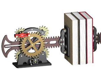 Puede incluir: Un par de sujetalibros de estilo steampunk hechos de metal y madera. Cada sujetalibros tiene un mecanismo de engranaje con una palanca roja y una base negra. Los sujetalibros sostienen dos libros.