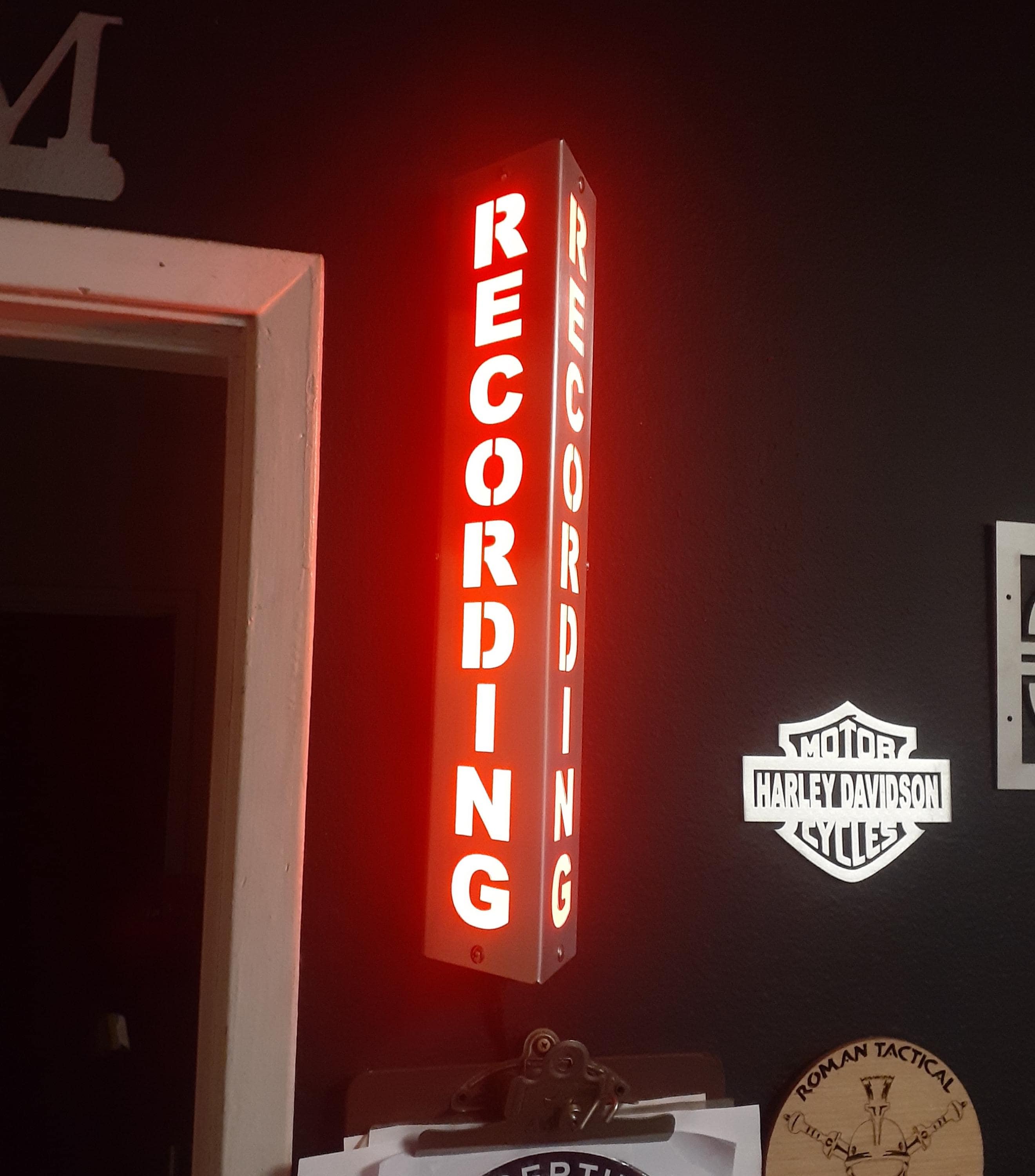 Sign "RECORDING" 18 inch. Aluminum 120V. Remote & Bluetooth. Multiple modes/colors