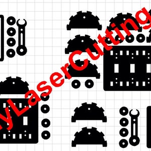 May include: Black laser-cut components for electrical fixtures, including switch plates, covers, and decorative elements. The image shows various shapes and sizes, including rectangular plates, circular gears, and wrench-shaped pieces. The components are arranged on a white grid background.