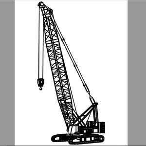 Puede incluir: Ilustración en blanco y negro de una gran grúa de construcción con un brazo largo y un gancho.