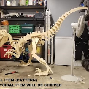 May include: A wooden dinosaur skeleton model, partially assembled, in a garage setting. The model is made of light brown wood and is in the process of being put together. The dinosaur is standing on a concrete floor.  DIGITAL ITEM (PATTERN) NO PHYSICAL ITEM WILL BE SHIPPED