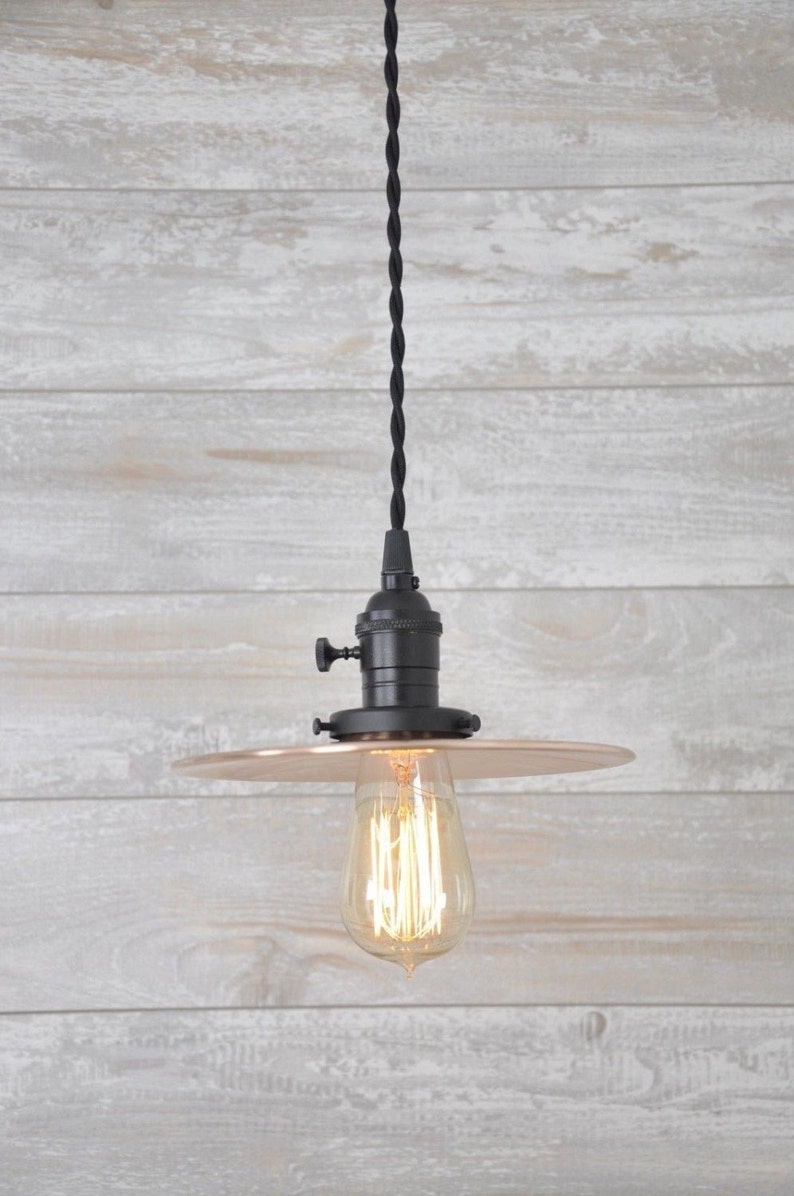 Brushed Copper Flat Shade Matt Black Pendant Light Image 0