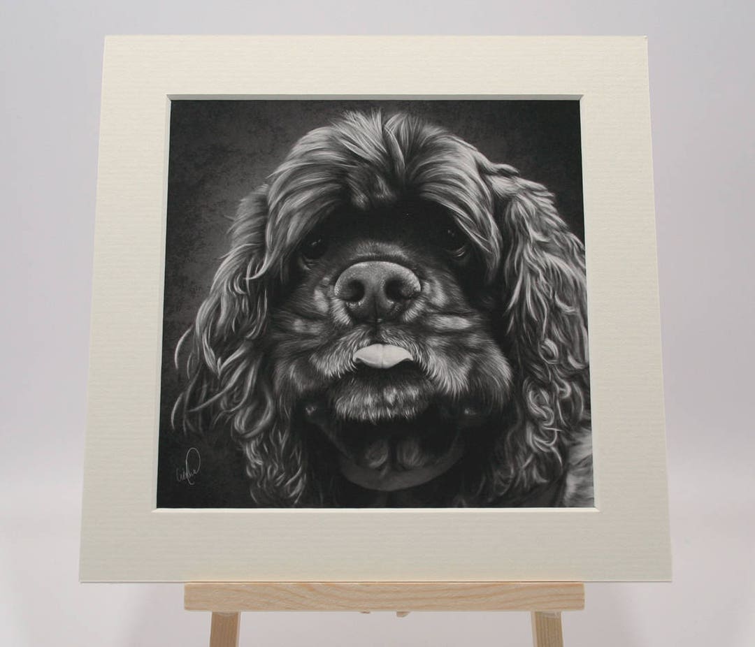 Cocker Spaniel Art Print, Hand Drawn Black and White Portrait of Cute ...