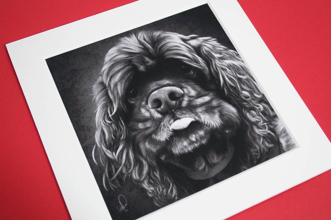 Cocker Spaniel Art Print, Hand Drawn Black and White Portrait of Cute ...