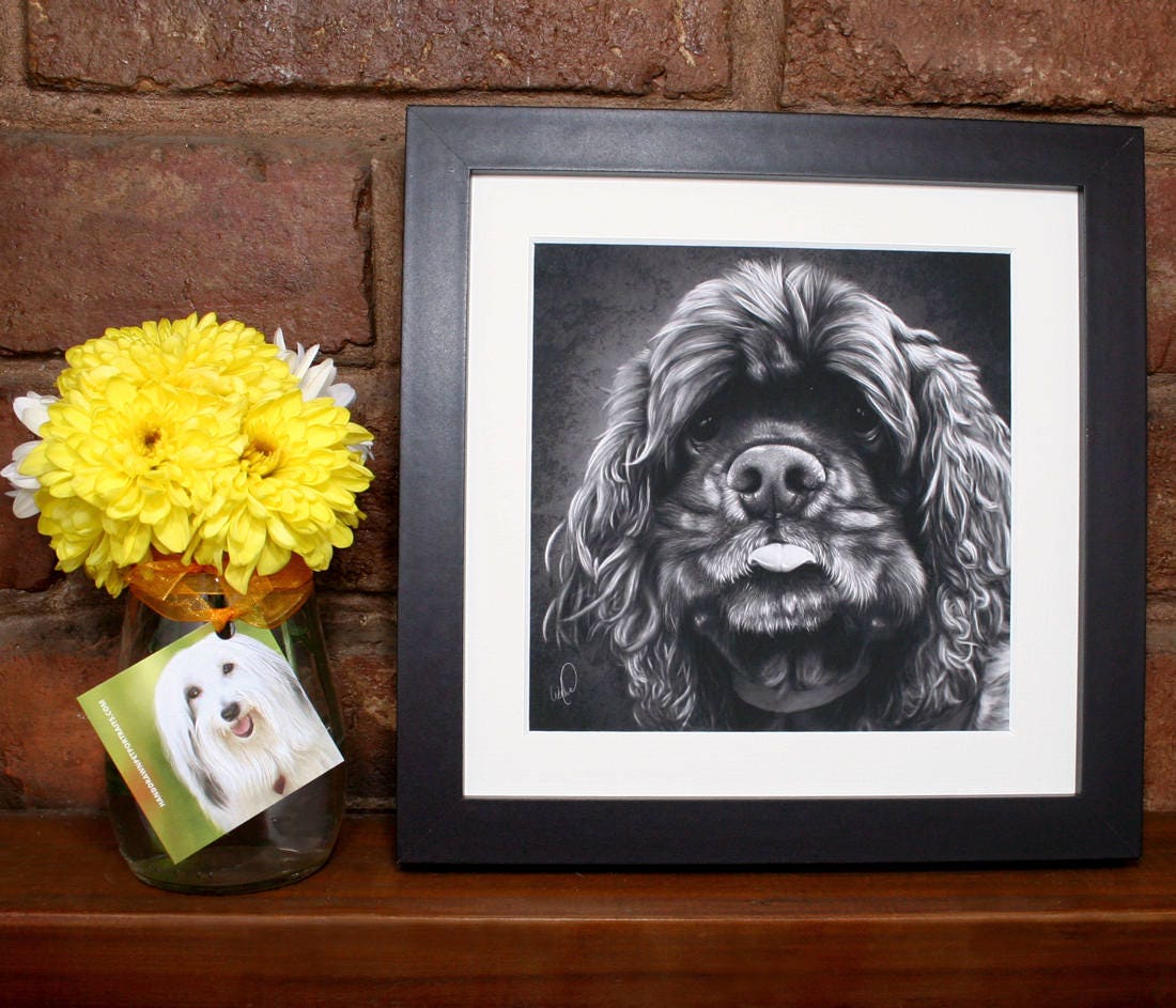 Cocker Spaniel Art Print, Hand Drawn Black and White Portrait of Cute ...