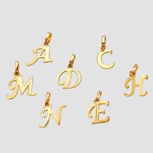 Puede incluir: Una colecci&oacute;n de seis colgantes de metal en tono dorado con las letras may&uacute;sculas A, C, D, E, H, M y N. Cada dije de letra individual incluye una peque&ntilde;a anilla de uni&oacute;n en la parte superior, dise&ntilde;ada para sujetarse a una cadena de collar o pulsera.