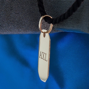 May include: A silver tag with the word "AXL" engraved on it hangs from a black cord. The tag is shaped like a long, narrow oval with rounded edges.